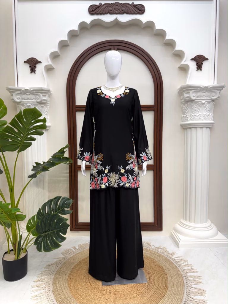 Black embroidered top with matching palazzo bottoms ready to wear for women